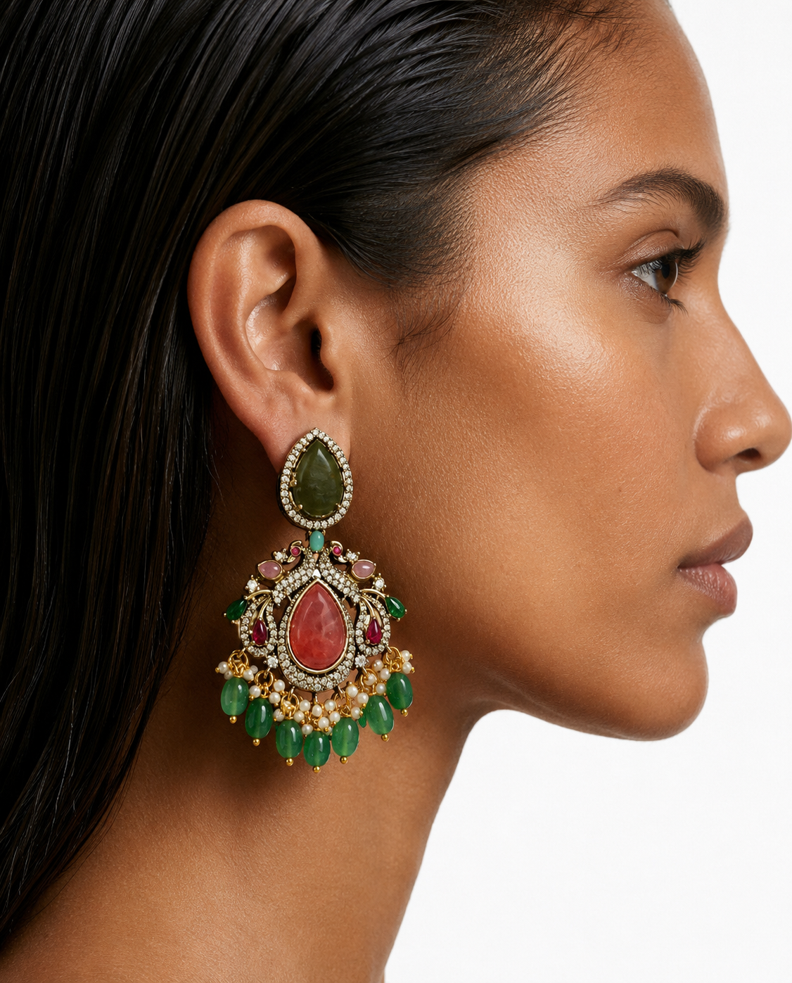 Mohim Coral Semi Precious Moissanite Kundan Polki Multicolour Statement Royale Necklace Set (Necklace & Earrings)