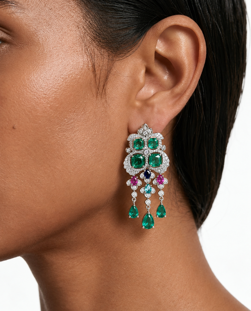 Flossie Multicolor Emerald Floral Diamond-Like Zircon Choker Necklace Set – Necklace & Earrings