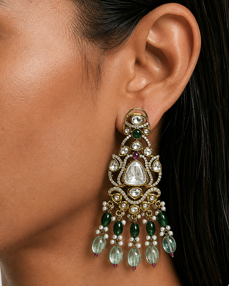 Elvi Mint, Emerald & Ruby Pearls & Moissanite Polki Kundan with Zircon Diamond Detailing Necklace Set – Necklace, Earrings & Maang Tikka