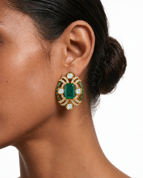 Nargis Emerald Moissanite Polki Kundan statement kettingset - ketting, oorbellen en Maang Tikka