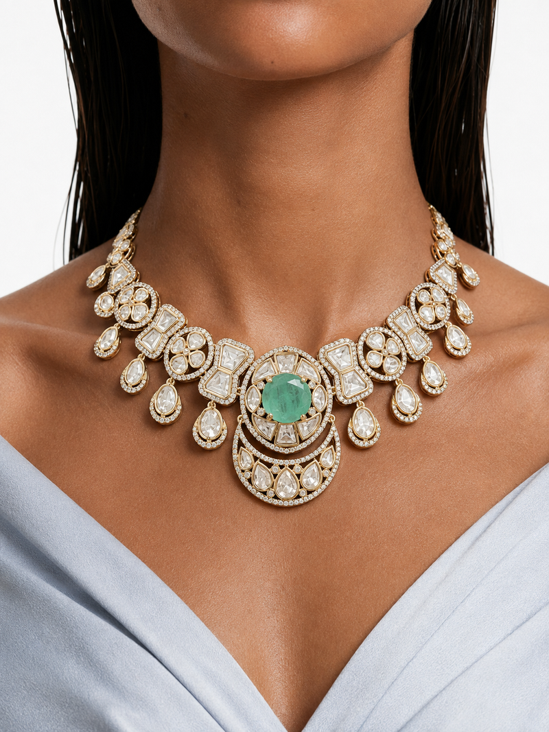 Riizaa Mint with Zircon Diamond Detailing Necklace Set – Necklace, Earrings & Maang Tikka