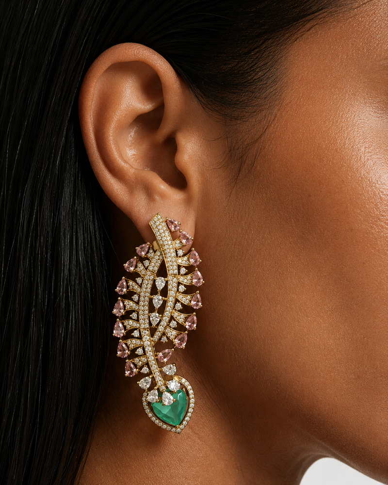 Tiya Pink & Emerald with Zircon Diamond Detailing Necklace set (Necklace & Earrings )