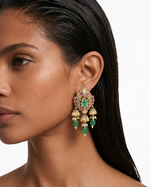 Roshni Mint Floral Moissanite Polki Kundan kettingset - ketting, oorbellen en Maang Tikka