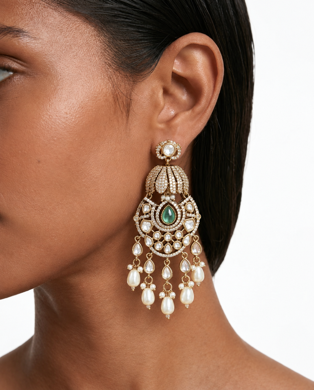 Lia Mint & Pearl Moissanite Polki Kundan Statement Kettingset – Ketting, Oorbellen & Maang Tikka