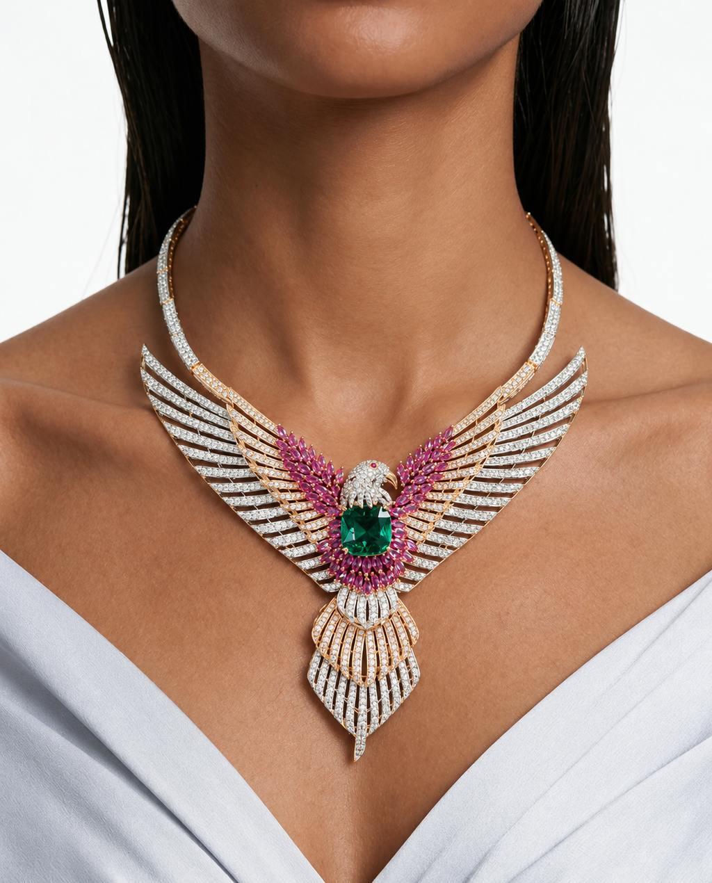 Reeya Emerald & Ruby Diamond-Like Zircon Eagle Wing kettingset – ketting en oorbellen