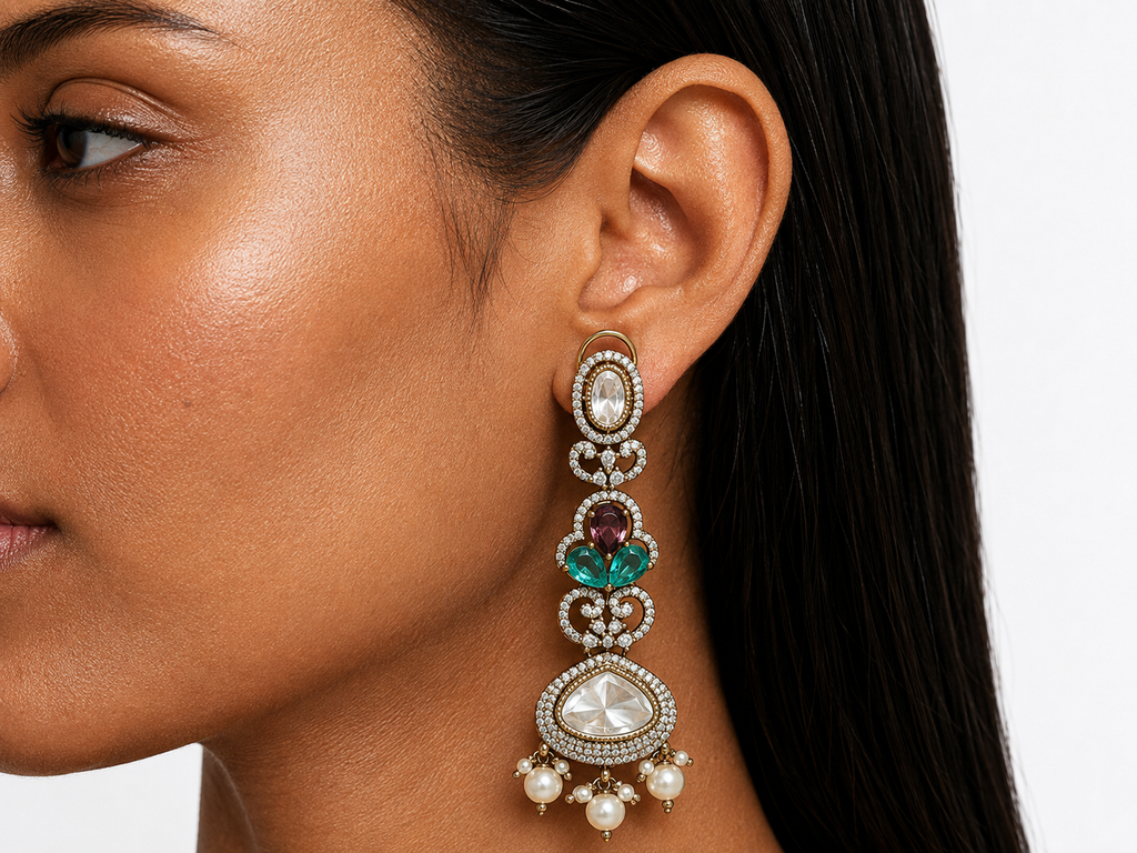 Ayzal Emerald & Ruby Pearls Moissanite Polki Kundan with Zircon Diamond Detailing Necklace Set – Necklace & Earrings