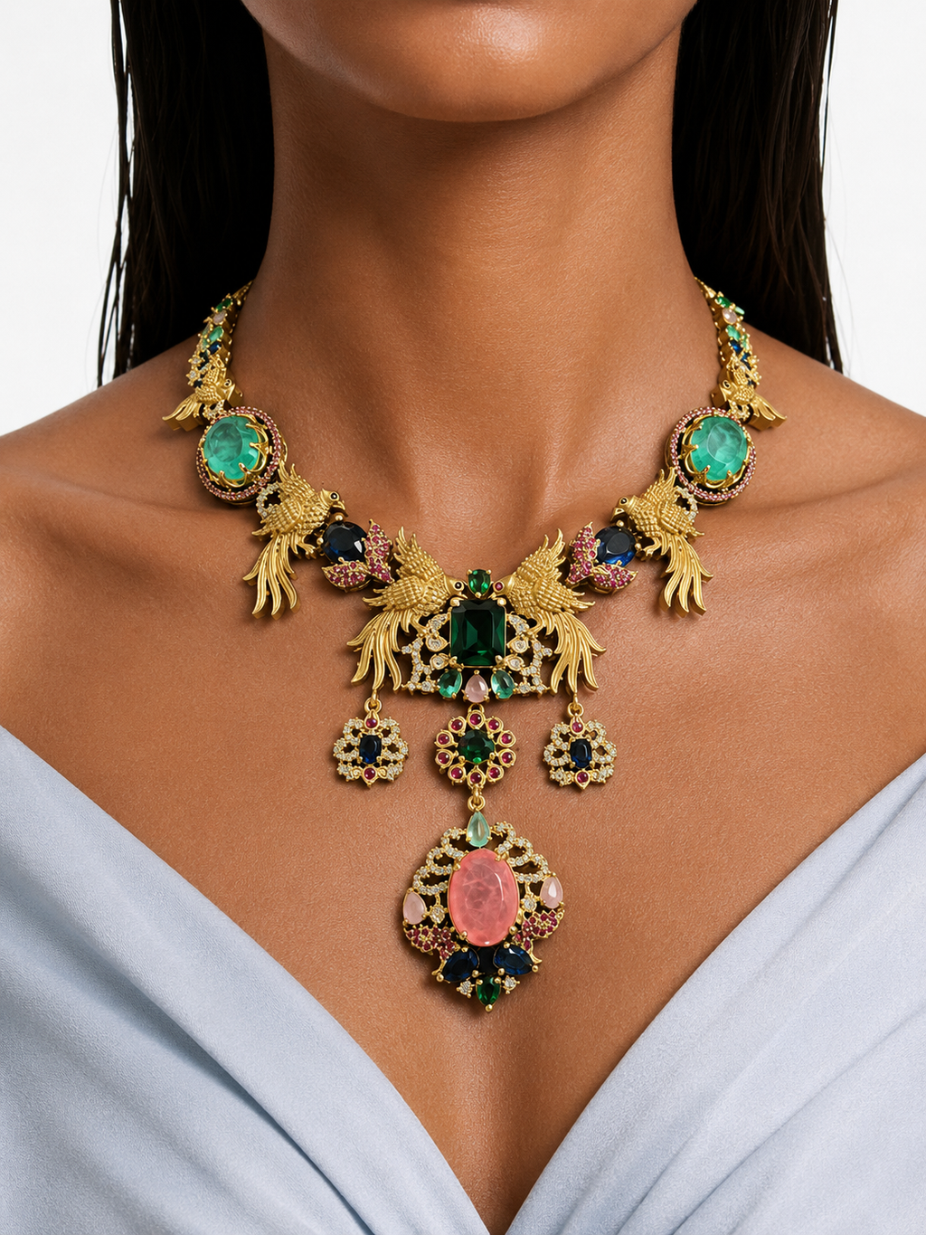 Reena Mint & Peach Semi Precious Moissanite Bird Motif Necklace Set (Necklace & Earrings)