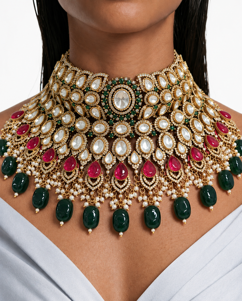 Padmika Ruby & Emerald Pearls Moissanite Polki Kundan Bridal Choker Necklace Set – Necklace & Earrings