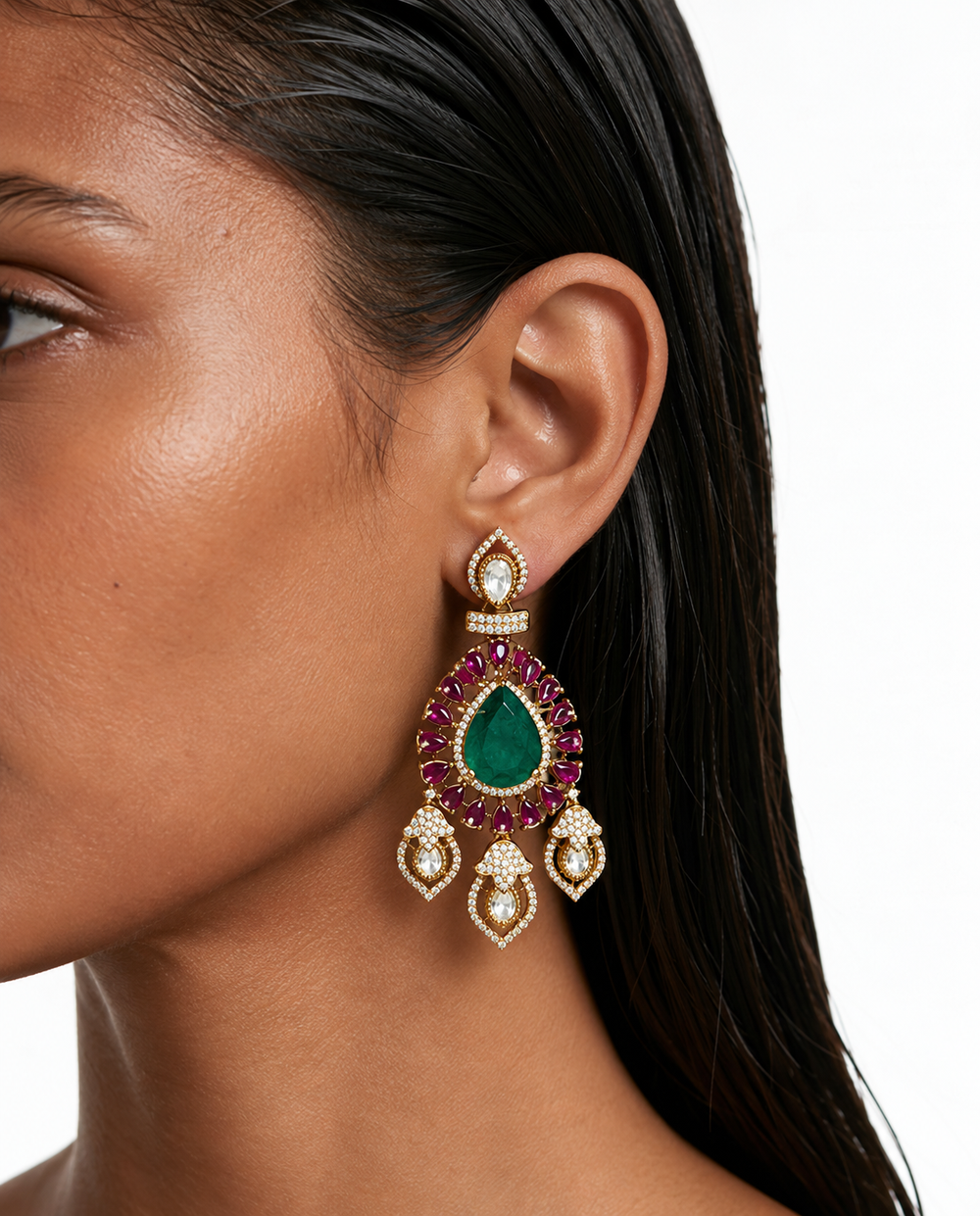 Bella Ruby & Emerald Pear Drop Moissanite Polki Kundan with Zircon Diamond Detailing Necklace Set – Necklace & Earrings