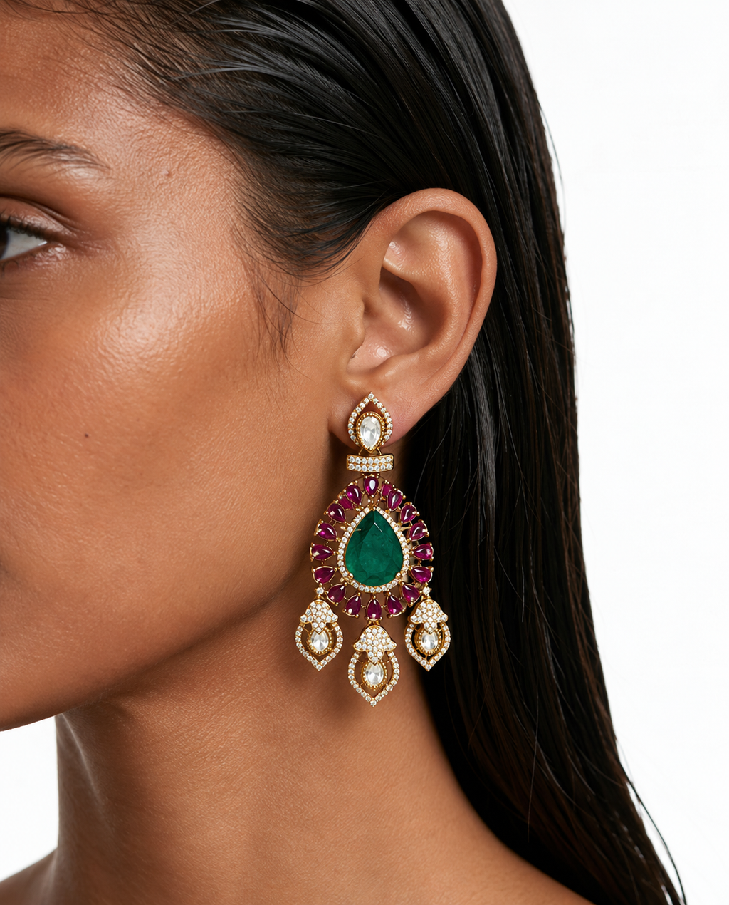 Bella Ruby & Emerald Pear Drop Moissanite Polki Kundan with Zircon Diamond Detailing Necklace Set – Necklace & Earrings