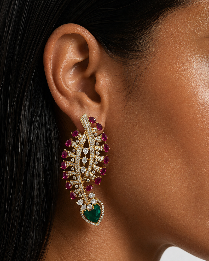 Tiya Ruby & Emerald with Zircon Diamond Detailing Necklace set (Necklace & Earrings )