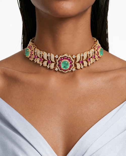 Florentine Emerald & Ruby Diamond-Like Zircon Floral Choker Necklace Set – Necklace & Earrings