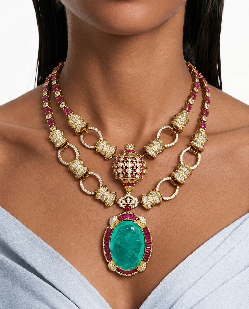 Haniya – ensemble de colliers avec pendentif ovale double couche, menthe et rubis, Moissanite Polki Kundan, collier et boucles d'oreilles