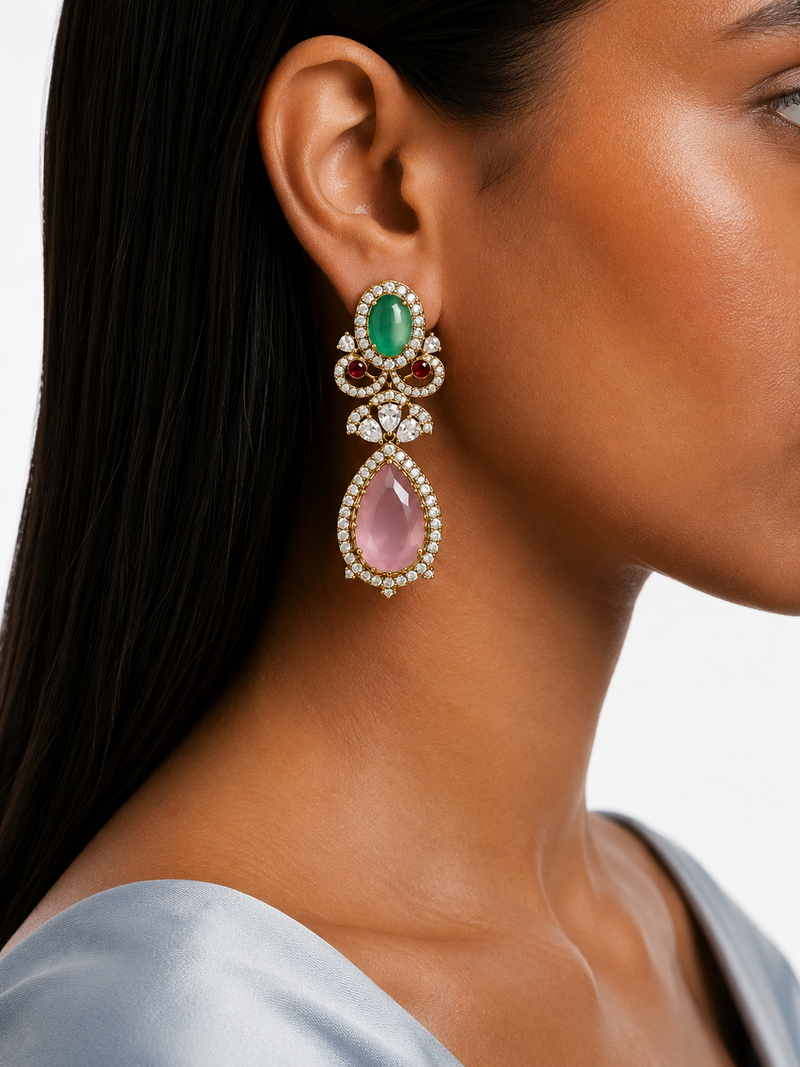 Essa Mint & Peach Diamond Drop Earrings