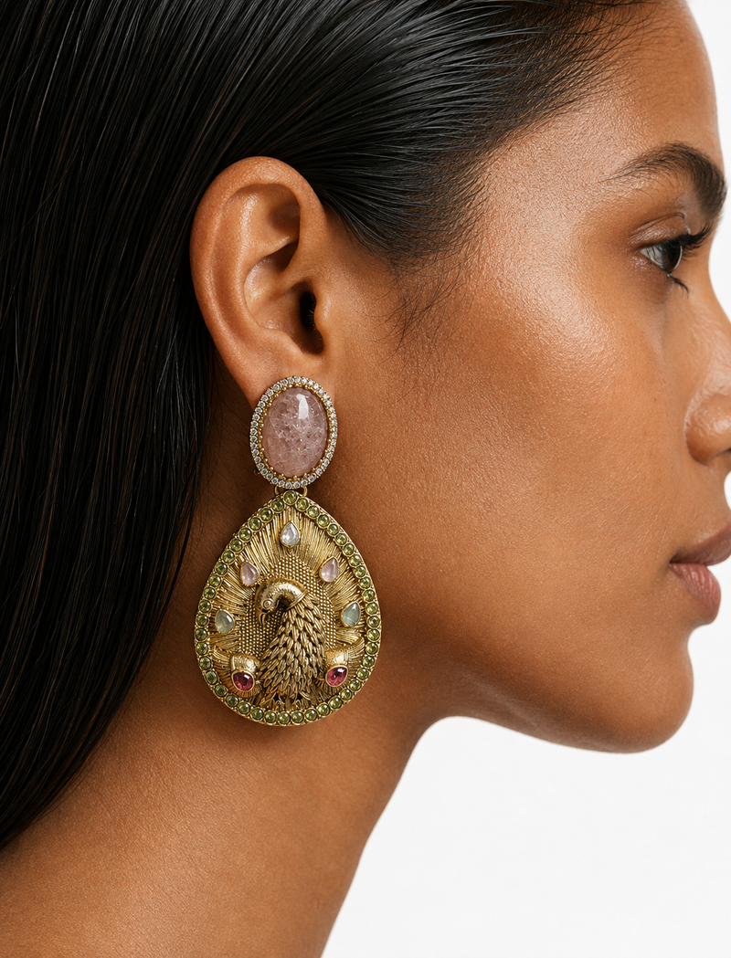 Ziya Pink Peacock Statement Earrings