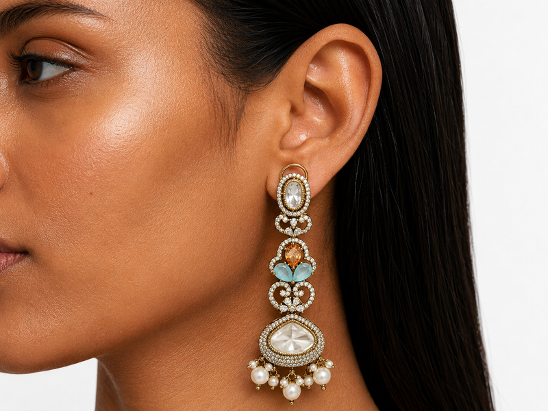 Ayzal Peach & Cyan Pearls Moissanite Polki Kundan with Zircon Diamond Detailing Necklace Set – Necklace & Earrings