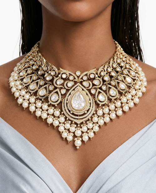 Mahira Diamond & Pearl Polki Kundan Statement Necklace Set – Necklace, Earrings & Maang Tikka