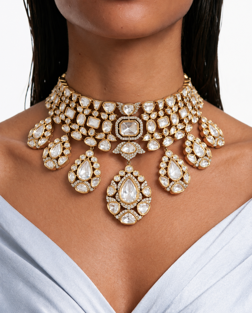 Ensemble de collier Meera Moissanite Polki Kundan – Collier, boucles d'oreilles et Maang Tikka