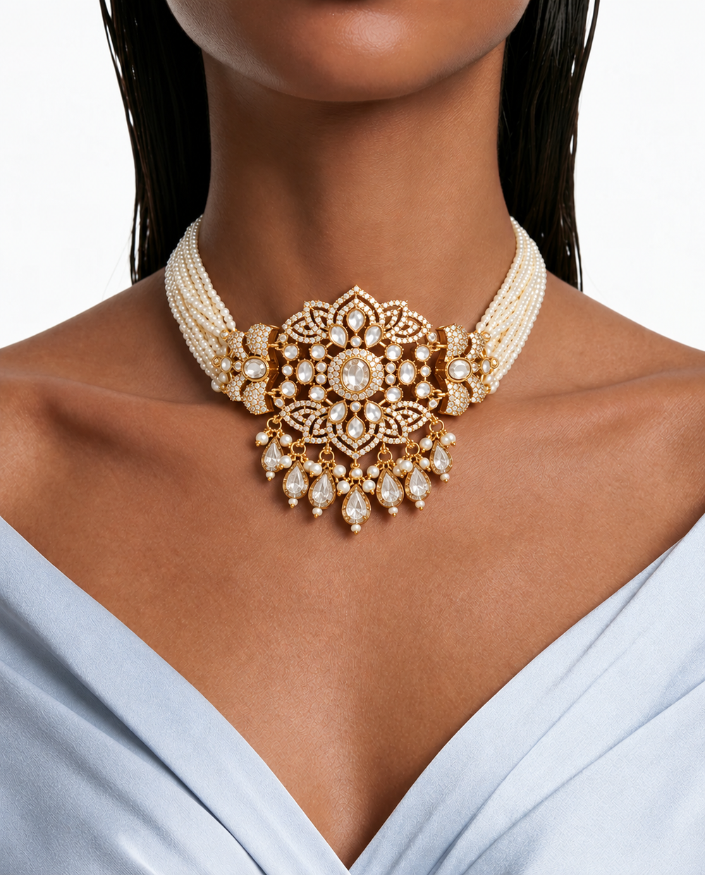 Ensemble collier ras du cou et boucles d'oreilles à déclaration florale Zunaira Diamond & Pearl