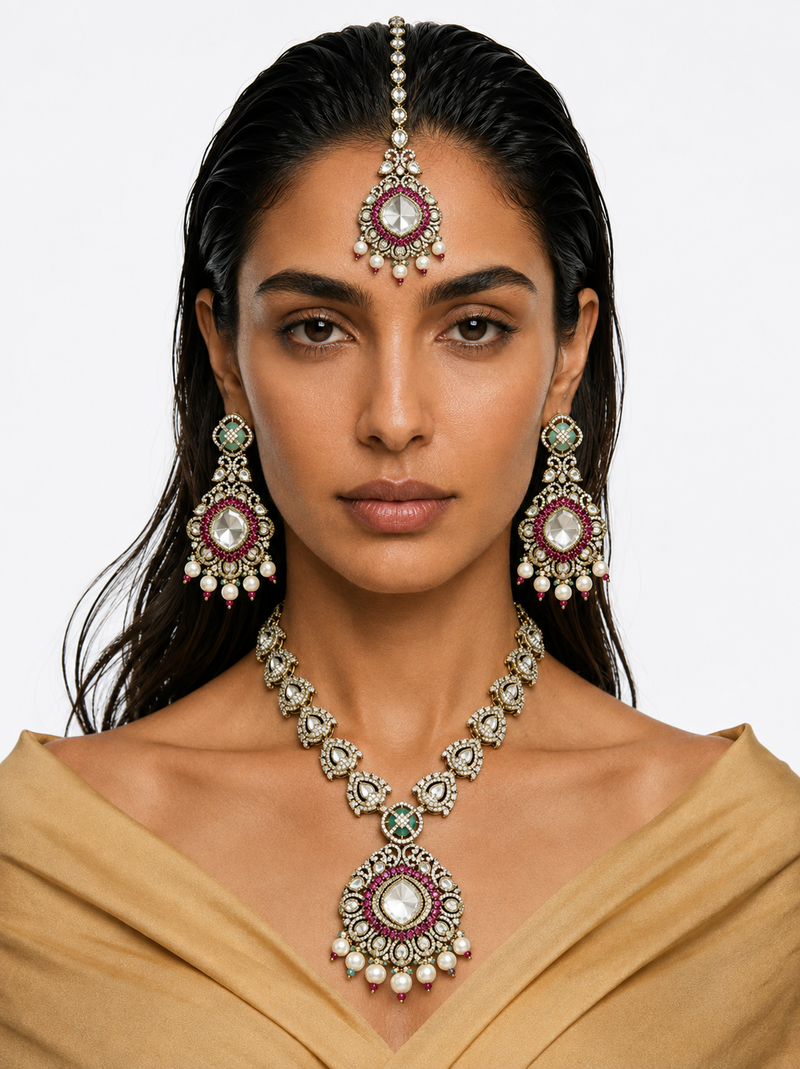 Niko Mint & Pink Moissanite Polki Kundan Necklace Set (Necklace, Earrings & Maang Tikka)