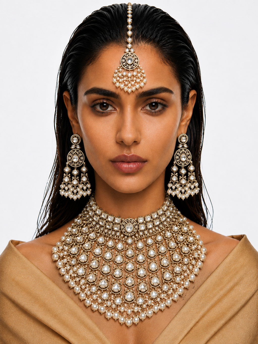 Zema Diamond Pearls & Moissanite Polki Kundan with Zircon Diamond Detailing Statement Choker Necklace Set – Necklace & Earrings & Maang Tikka