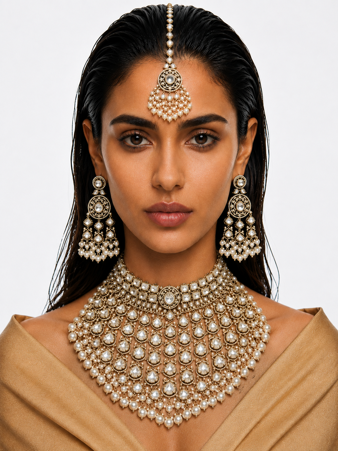 Zema Diamond Pearls & Moissanite Polki Kundan with Zircon Diamond Detailing Statement Choker Necklace Set – Necklace & Earrings & Maang Tikka