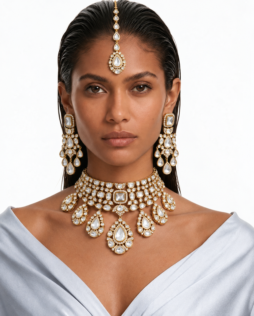 Ensemble de collier Meera Moissanite Polki Kundan – Collier, boucles d'oreilles et Maang Tikka