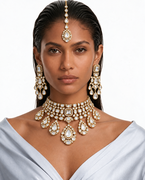 Meera Moissanite Polki Kundan kettingset - ketting, oorbellen en Maang Tikka