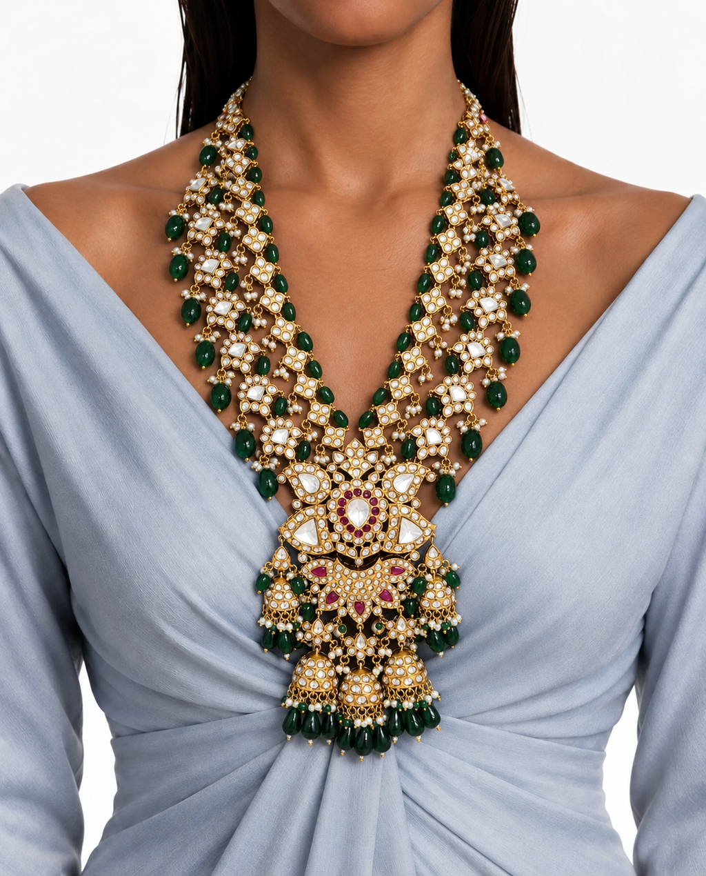 Aarizah Emerald & Ruby Moissanite Polki Kundan Luxe Necklace Set مع تفاصيل الزركون - قلادة وأقراط ومانغ تيكا