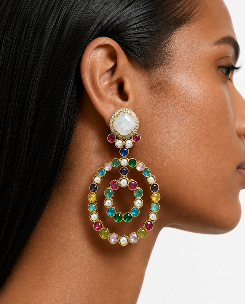 Tia Multicolour Kundan Hoop Drop Earrings