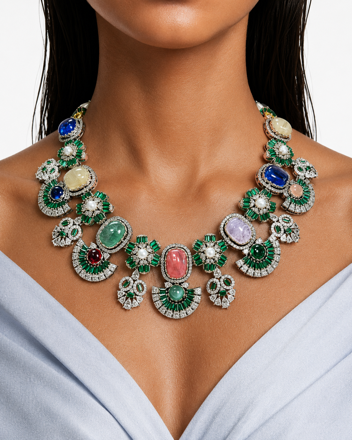 Nayab Emerald Multicolour Semi Precious Moissanite Diamond Necklace Set (Necklace & Earrings)