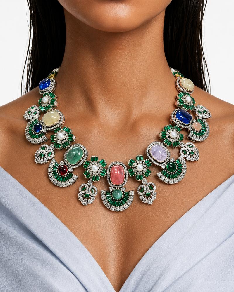 Nayab Emerald Multicolour Semi Precious Moissanite Diamond Necklace Set (Necklace & Earrings)