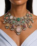 Zeera Multicolour Semi Precious Moissanite Kundan Polki Necklace Set (Necklace & Earrings)