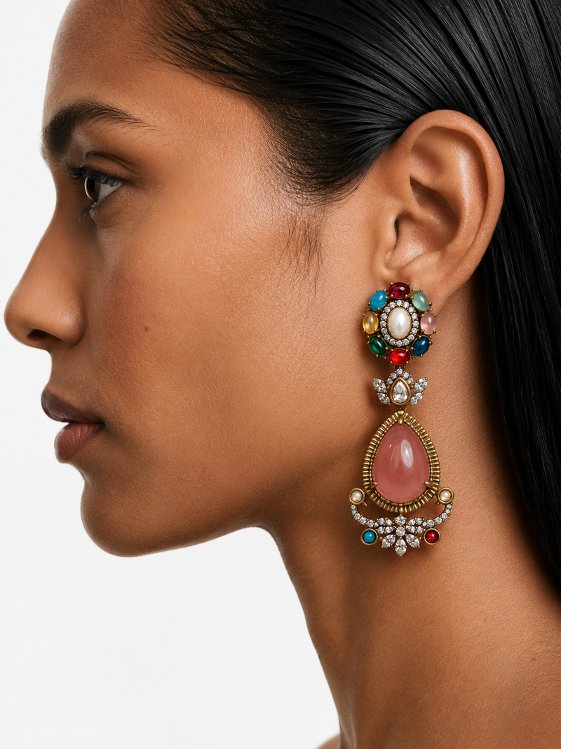 Nola Peach Multicolour Diamond Drop Earrings