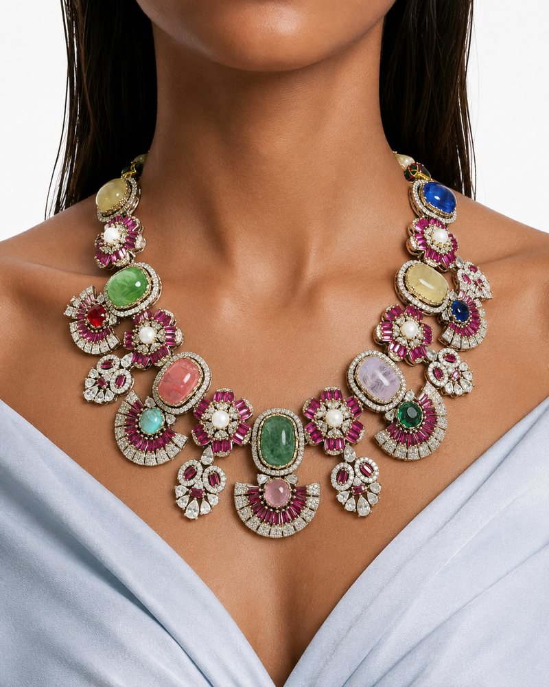 Nayab Ruby Multicolour Semi Precious Moissanite Diamond Necklace Set (Necklace & Earrings)