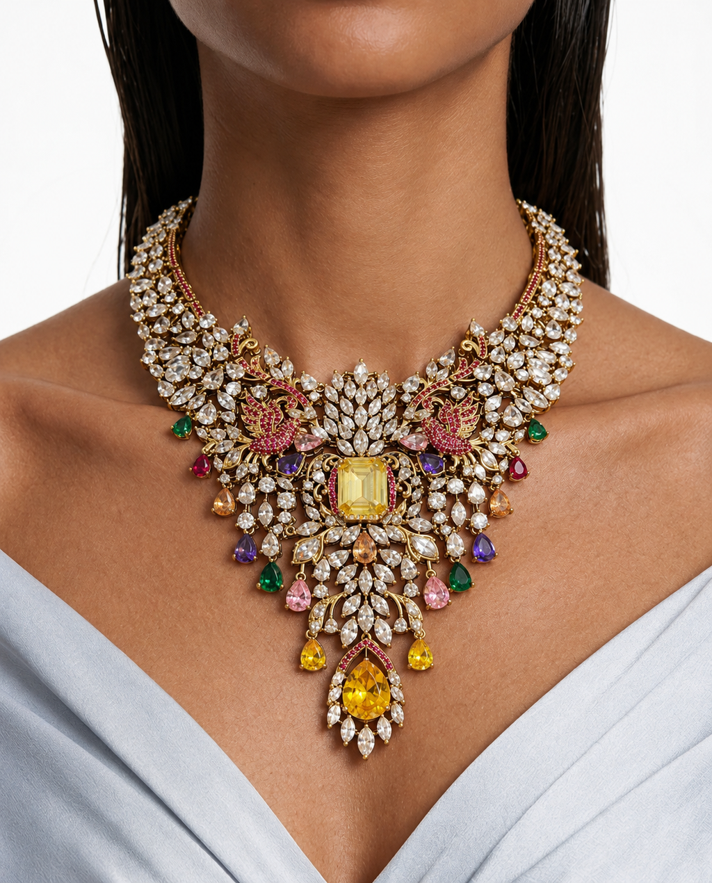 Nimra Multicolor Peacock & Floral Diamond-Like Zircon Necklace Set – Necklace & Earrings