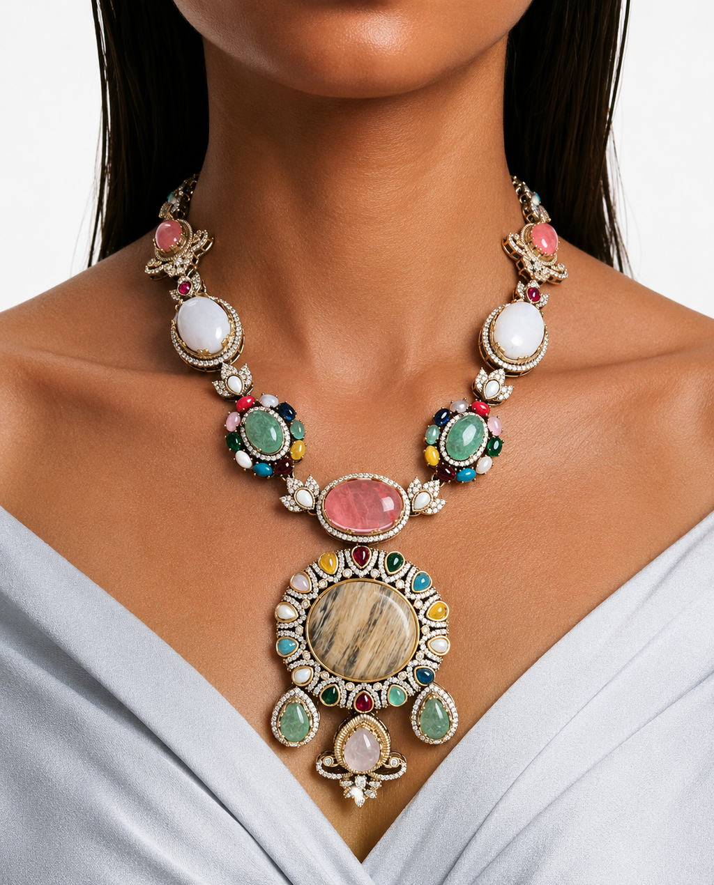 Zivah Semi Precious Moissanite Kundan Polki Multicolour Statement Royale Necklace Set (Necklace & Earrings)