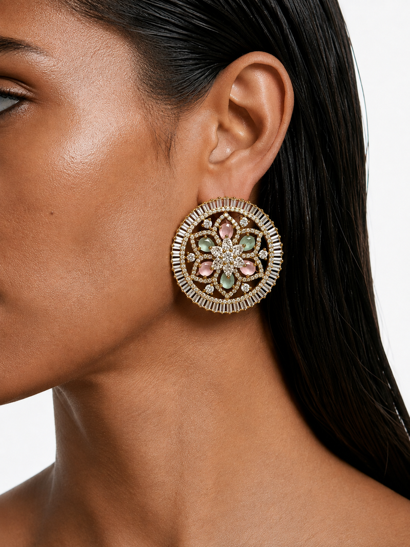 Emmy Mint & Pink Floral Diamond Stud Earrings