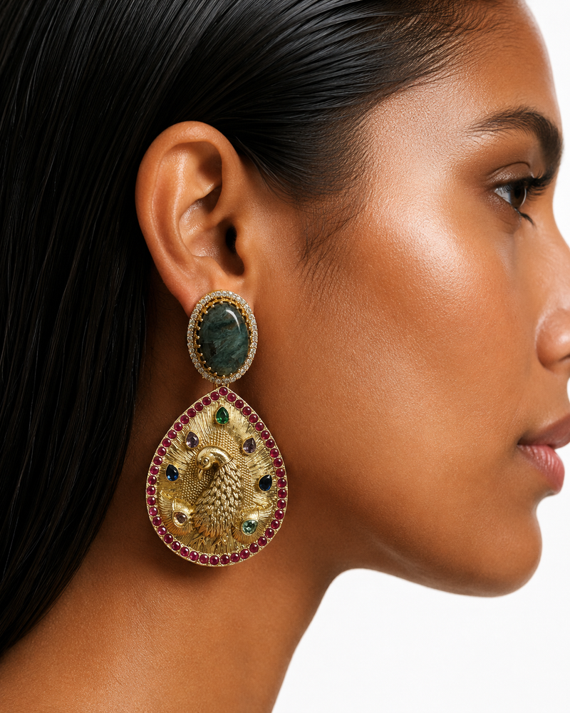 Ziya Aqua Peacock Statement Earrings