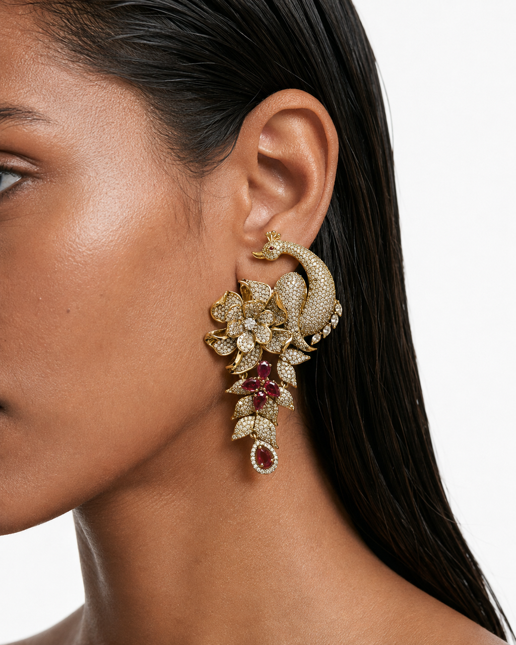 Parizah Ruby Peacock & Floral Diamond-Like Zircon Statement Necklace Set – Necklace & Earrings