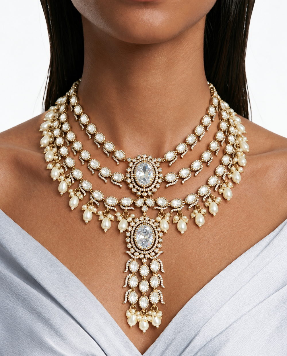 Inara Diamond & Pearl Moissanite Polki Kundan with Zircon Diamond Detailing Layered Statement Necklace Set – Necklace, Earrings & Maang Tikka