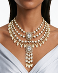 Inara Diamond & Pearl Moissanite Polki Kundan with Zircon Diamond Detailing Layered Statement Necklace Set – Necklace, Earrings & Maang Tikka