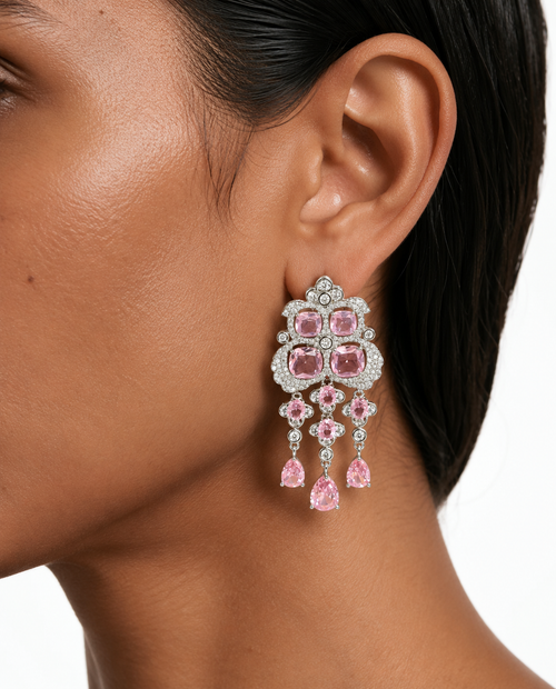 Flossie Pink Floral Diamond-Like Zircon Choker Necklace Set – Necklace & Earrings
