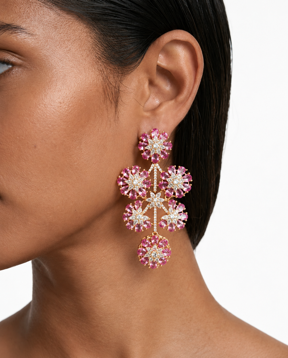 Fleurina Juego de collar de enredadera floral con circonitas tipo diamante y rubí: collar y aretes