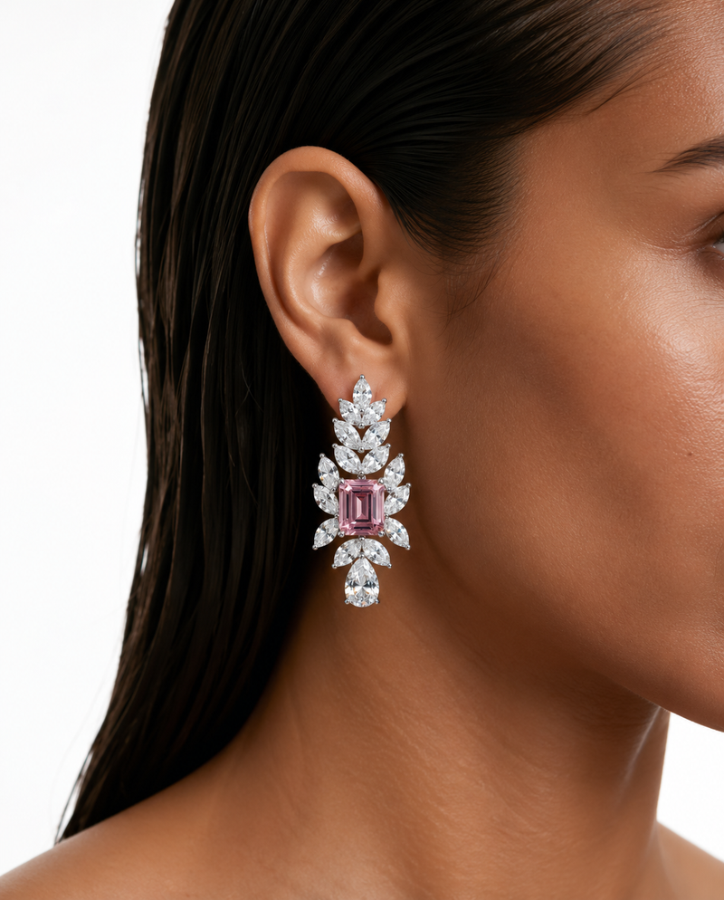 Niva Pink Leaf Drop diamantachtige zirkonia kettingset (ketting en oorbellen)