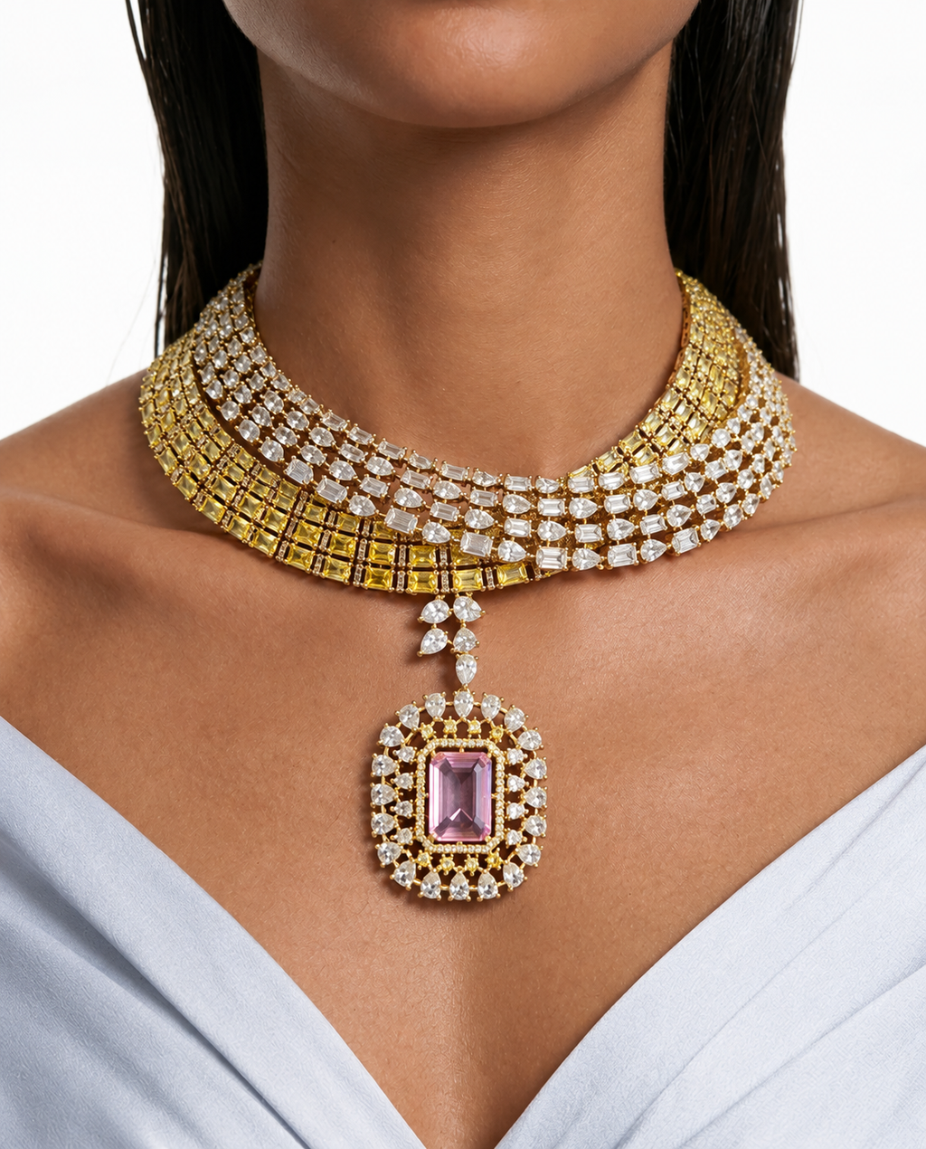 Aderina Citrine & Pink Rectangular Pendant Diamond-Like Zircon Collar Necklace Set – Necklace & Earrings