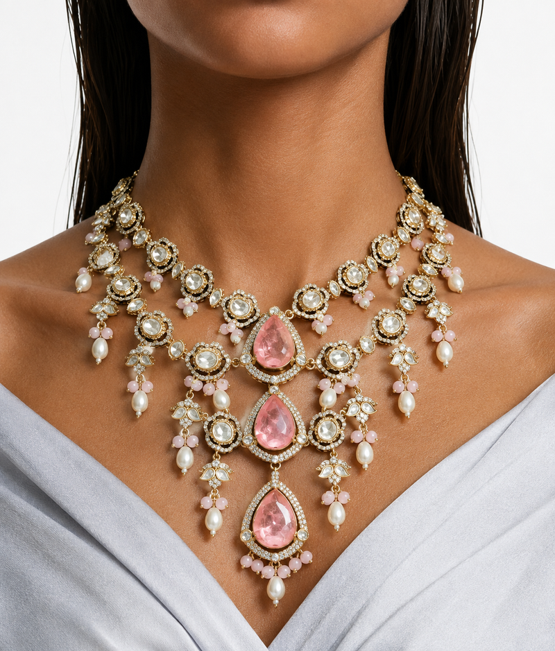 Suhira Pink Moissanite Polki Kundan with Zircon Diamond Detailing 3 Layer Necklace Set  – Necklace, Earrings & Maang Tikka