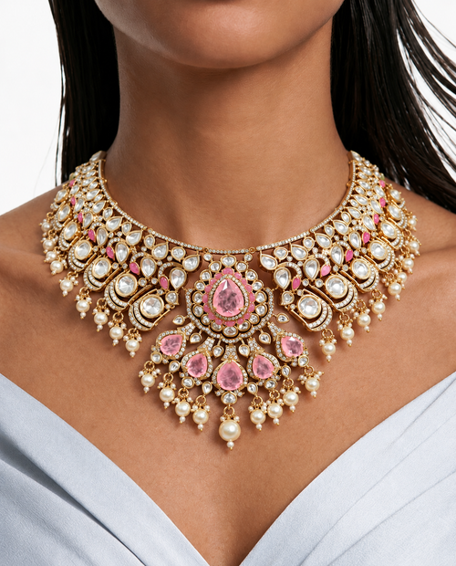 Gulrang roze traan Moissanite Polki Kundan kettingset - ketting, oorbellen en Maang Tikka