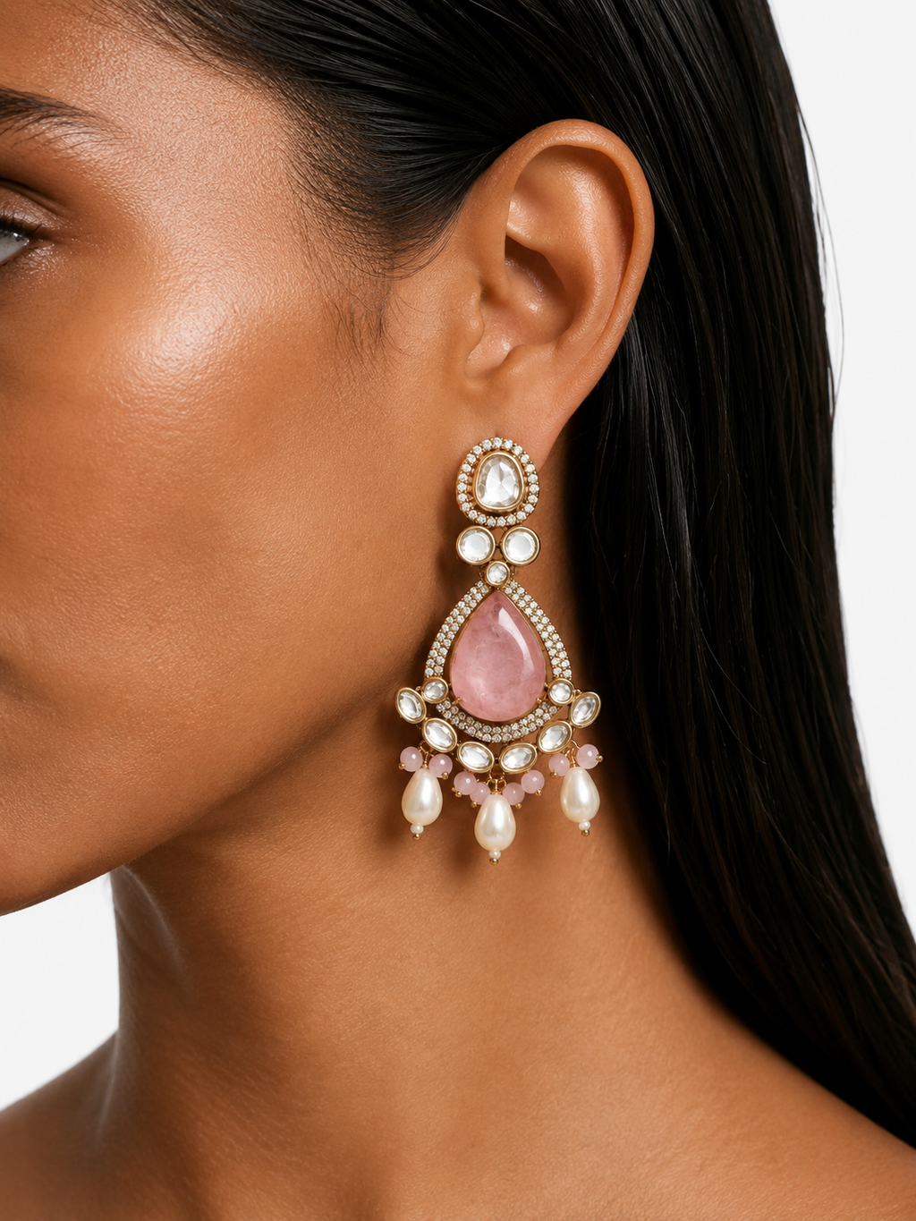 Suhira Pink Moissanite Polki Kundan with Zircon Diamond Detailing 3 Layer Necklace Set  – Necklace, Earrings & Maang Tikka