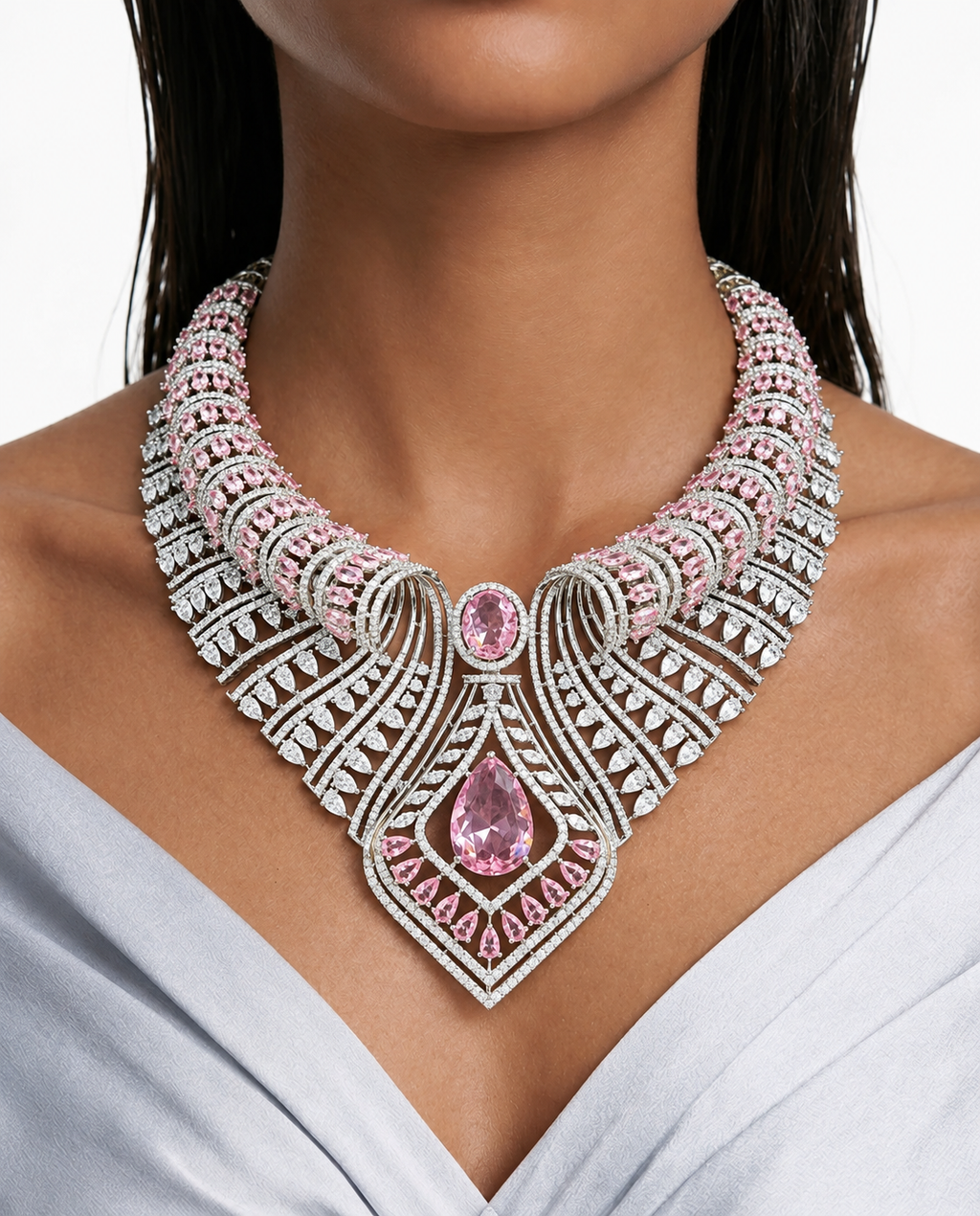 Sahiba roze diamantachtige zirkoon statement kettingset – ketting en oorbellen
